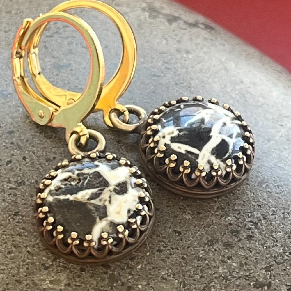 Minimalist Dalmatian Jasper Dangle Earrings | Black and White Gemstone Earrings